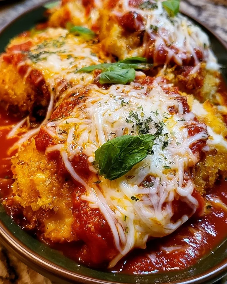 Delicious Baked Chicken Parmesan served with pasta and fresh herbs