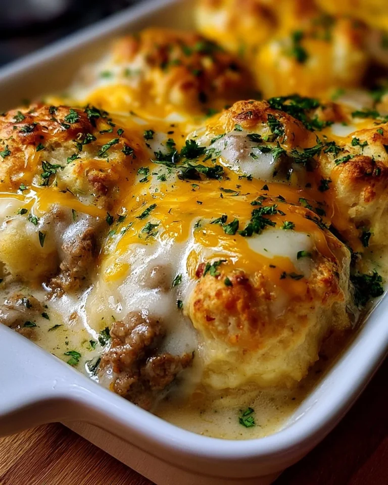 Delicious biscuits and gravy casserole topped with savory sausage and creamy sauce.