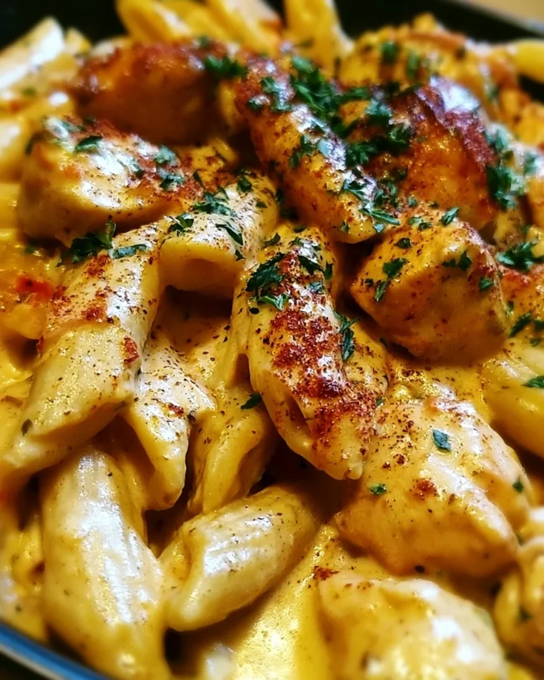 Plate of creamy Cajun chicken pasta garnished with herbs and spices