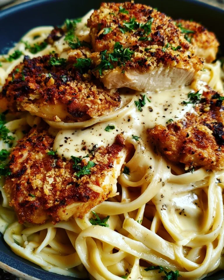 Crispy Chicken Fettuccine Alfredo with golden chicken and creamy sauce