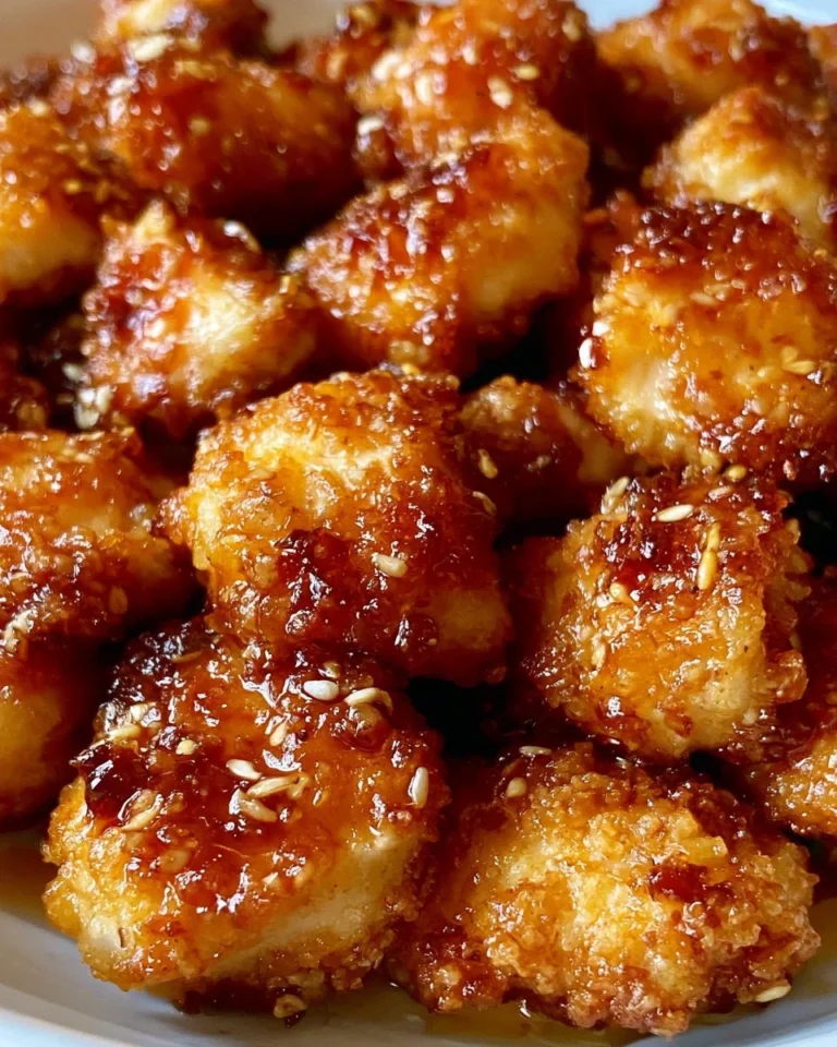 Plate of crispy sesame chicken garnished with sesame seeds and green onions