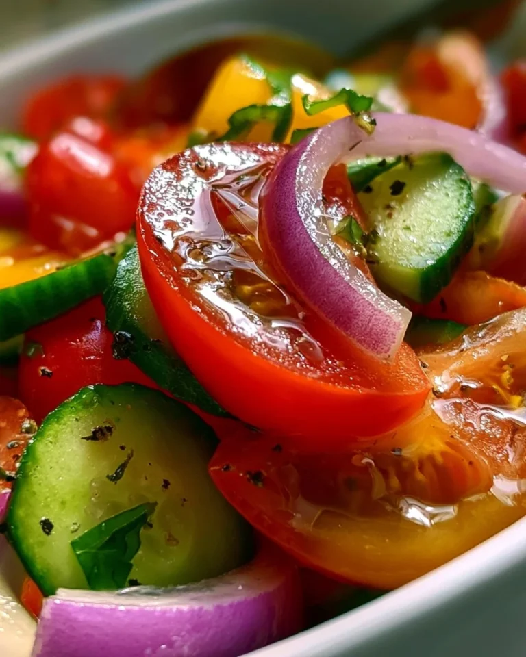 Fresh Cucumber Tomato Salad in a bowl with vibrant colors and herbs.