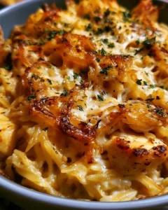 Delicious French onion chicken orzo casserole topped with melted cheese