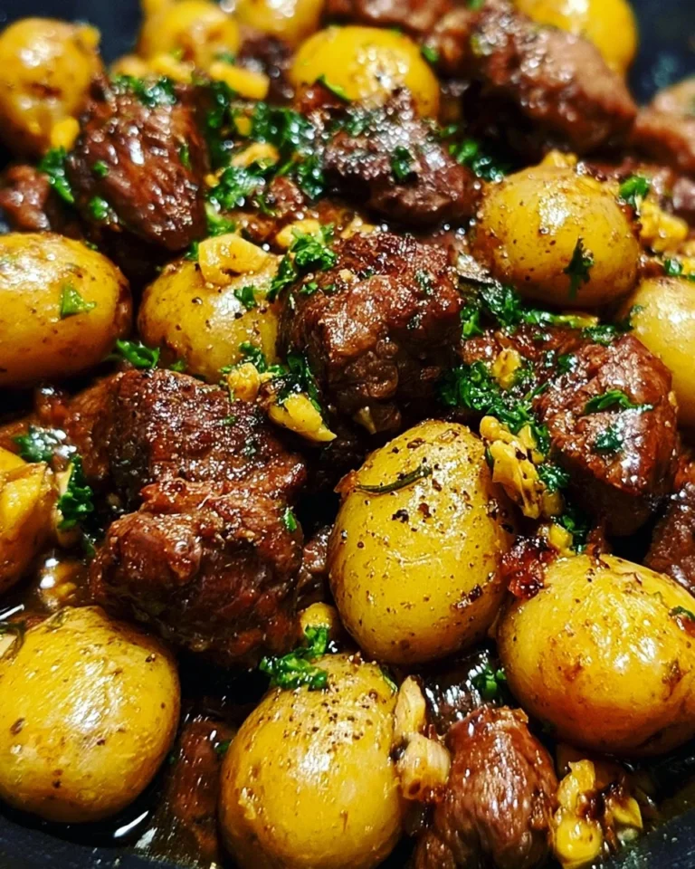 Delicious Garlic Butter Beef Bites served with tender potatoes