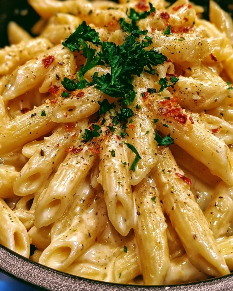 Delicious one pot creamy garlic pasta garnished with herbs