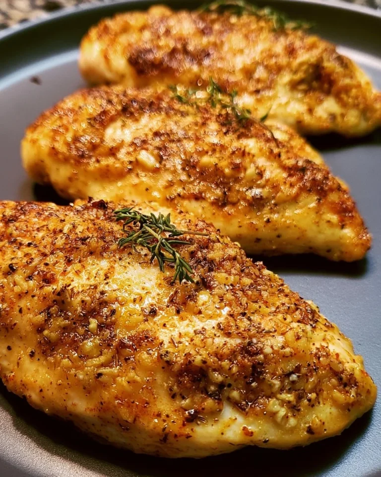 Delicious oven baked chicken served on a plate with herbs and spices