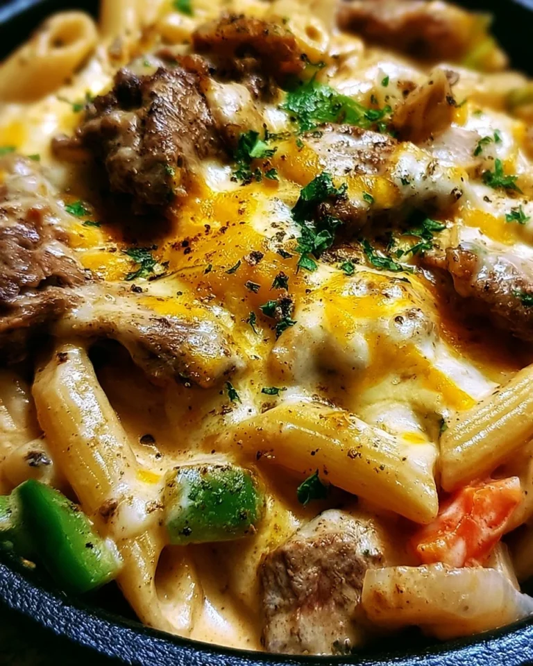 Philly cheese steak pasta topped with melted cheese and peppers
