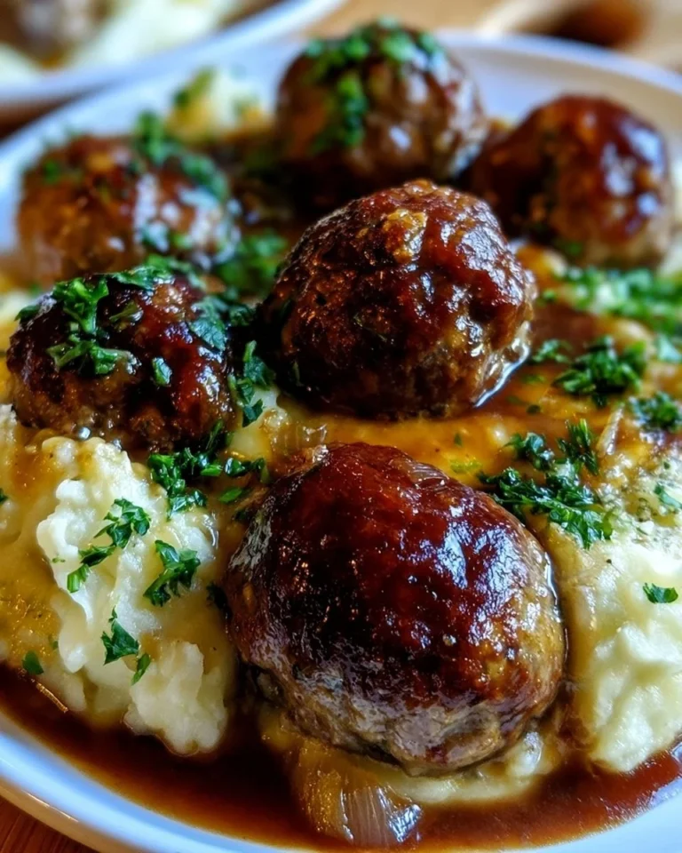 Salisbury steak meatballs paired with garlic herb mashed potatoes on a plate