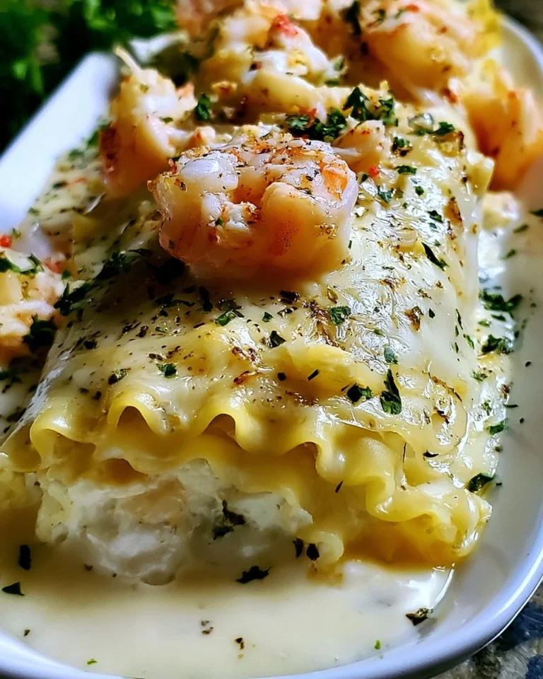 Shrimp and Crab Alfredo Lasagna Roll-Ups served on a white plate with herbs