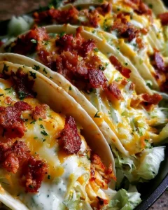 Baked chicken bacon ranch tacos served on a plate