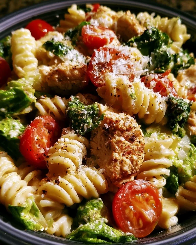 Bowl of Chicken Caesar Pasta Salad garnished with parmesan and croutons.