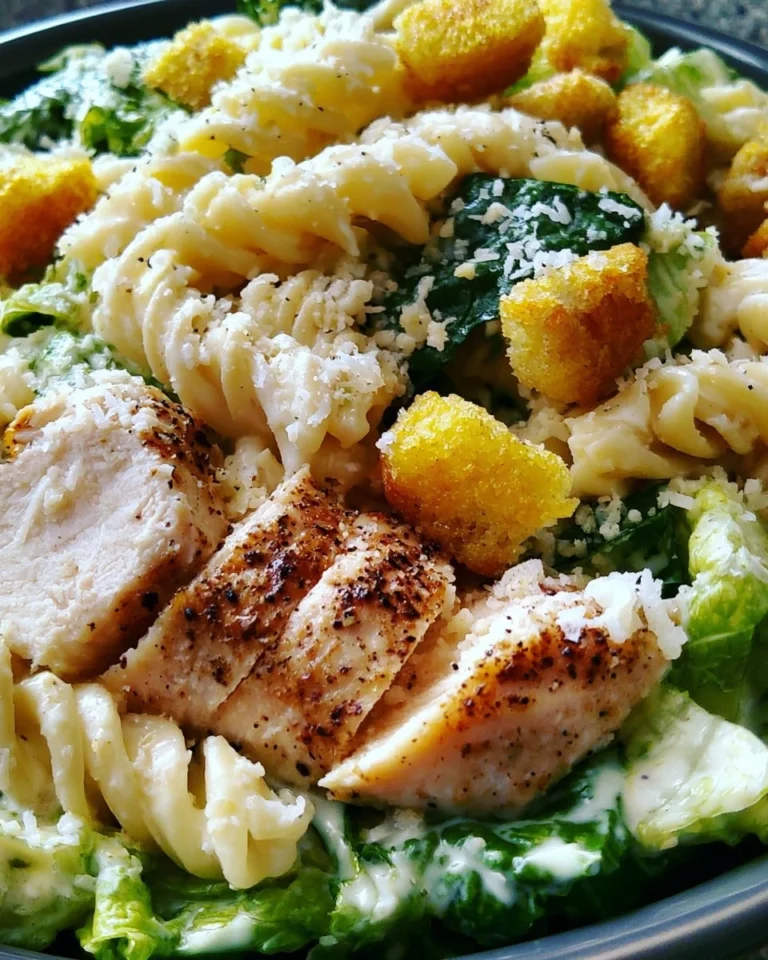 Delicious Chicken Caesar Pasta Salad with greens and croutons