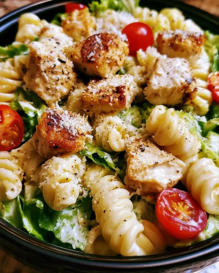 A bowl of Chicken Caesar Pasta Salad with chicken, romaine, and Caesar dressing
