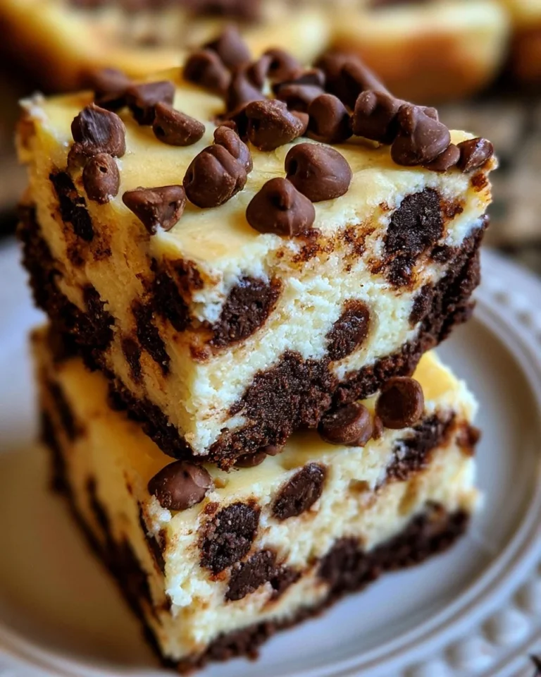 Chocolate chip cheesecake bars, a delicious dessert blending creamy cheesecake and chocolate.