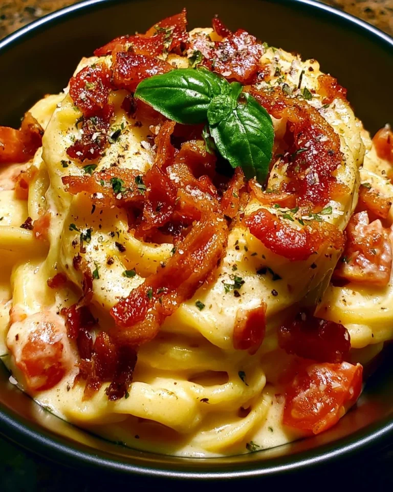 Delicious creamy bacon pasta topped with herbs and cheese