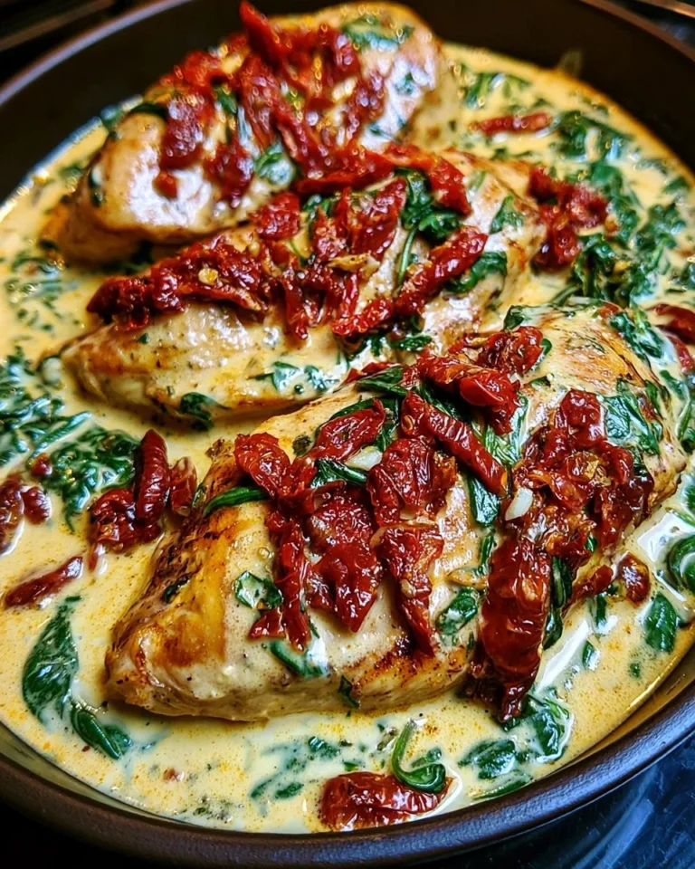 Creamy chicken dish with sun-dried tomatoes and spinach on a plate