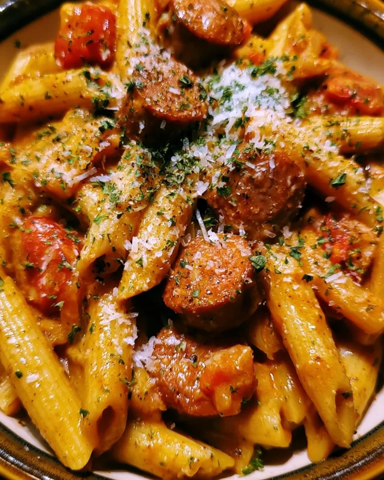 Creamy spicy Cajun sausage pasta dish garnished with parsley and served in a bowl