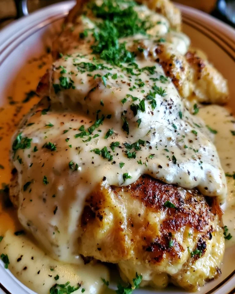 Delicious crockpot chicken served with creamy gravy in a comforting dish.