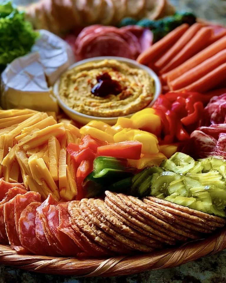 Easy appetizer platter with assorted cheeses, meats, and vegetables