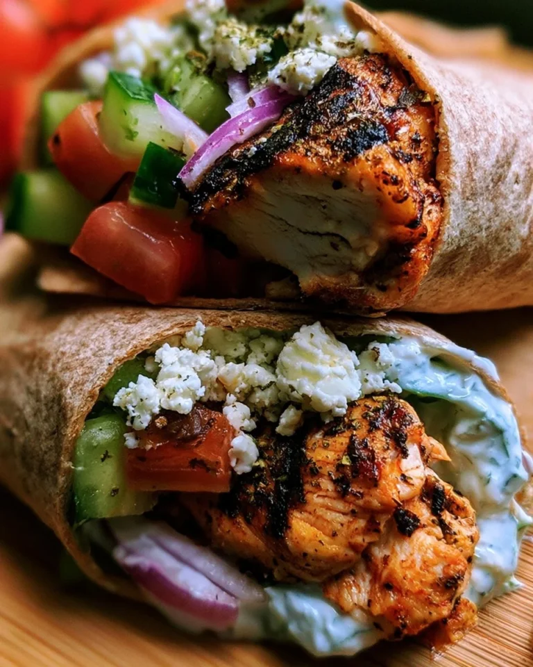 Delicious Greek Chicken Wrap with grilled chicken, fresh veggies, and tzatziki sauce