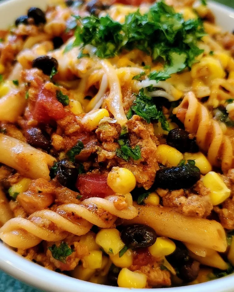 High protein taco pasta served in a bowl with fresh toppings