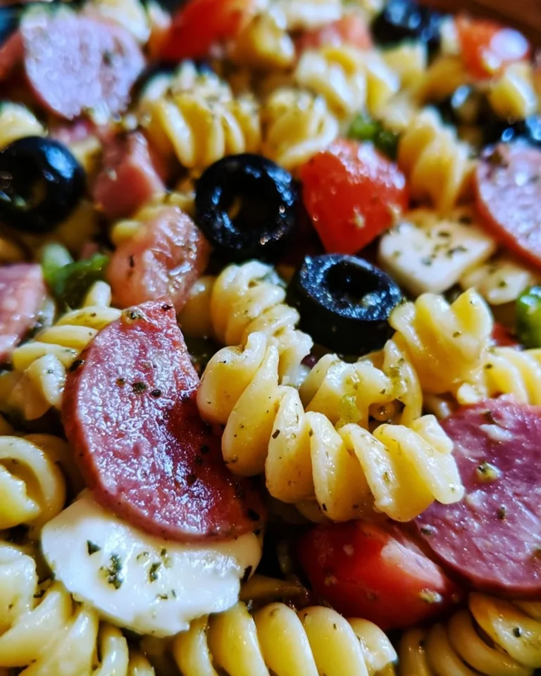 Colorful Italian Pasta Salad with vegetables and dressing served in a bowl