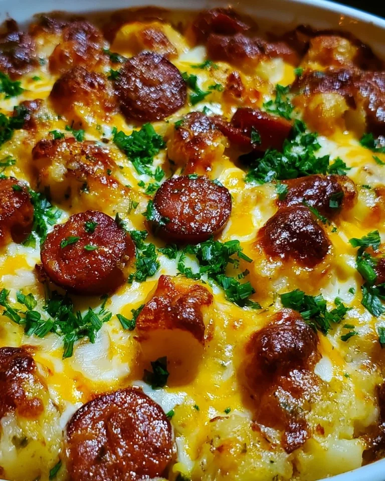 Cheesy kielbasa sausage potato casserole in a baking dish