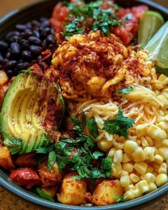 Delectable loaded potato taco bowl topped with fresh ingredients and savory spices.
