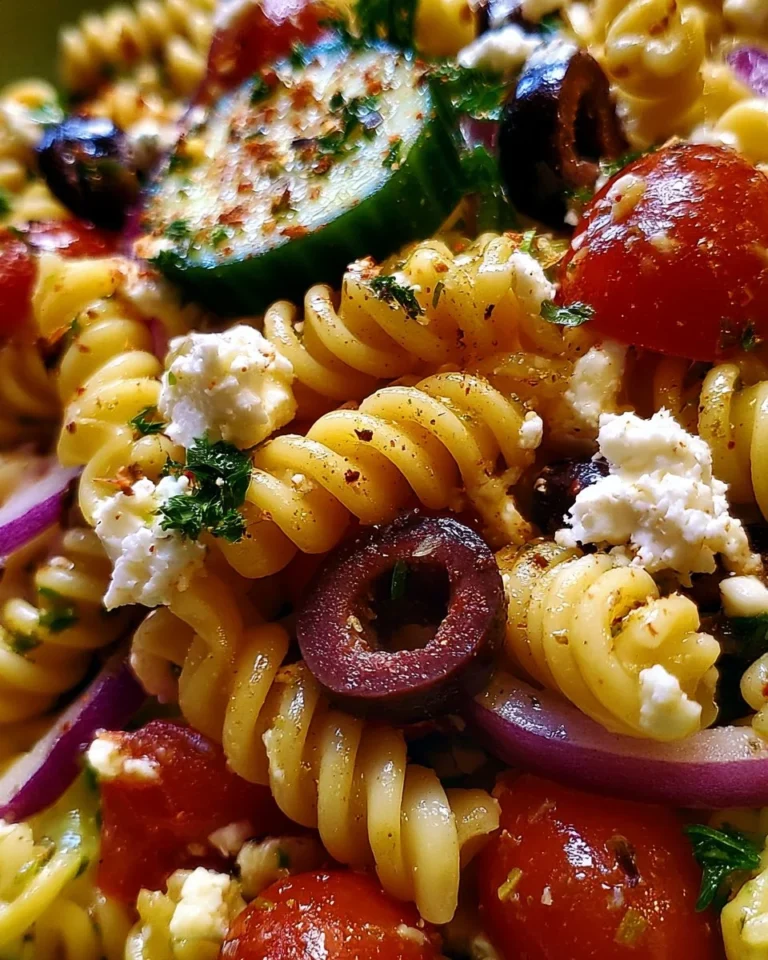 A colorful Mediterranean Pasta Salad with fresh vegetables and herbs.