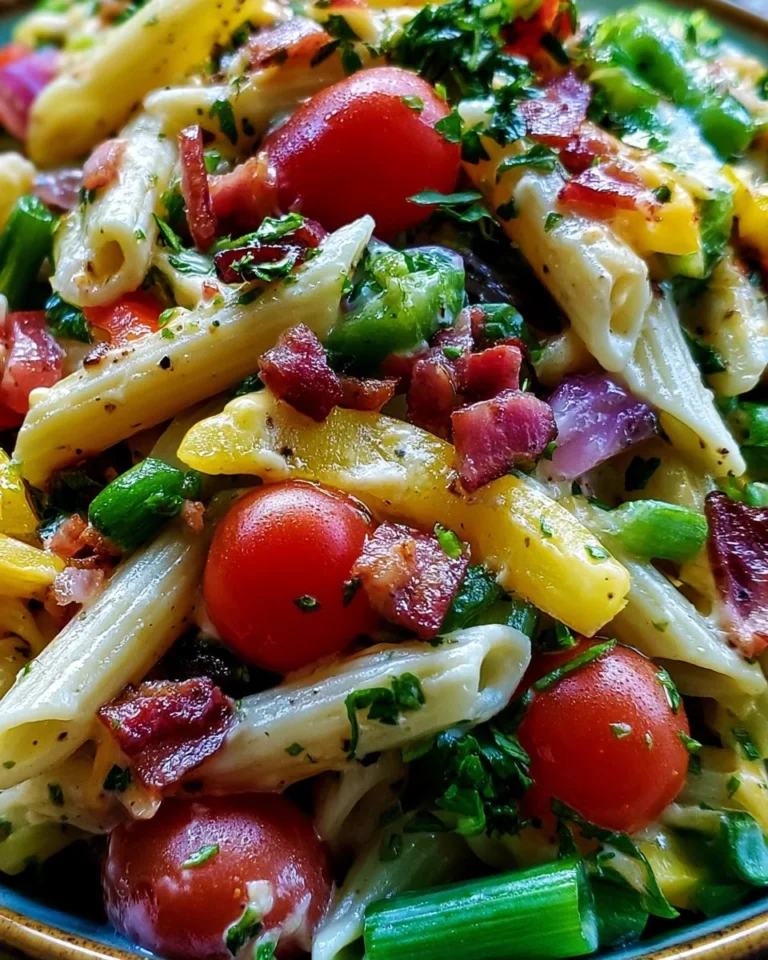 A vibrant serving of Million Dollar Pasta Salad with fresh ingredients