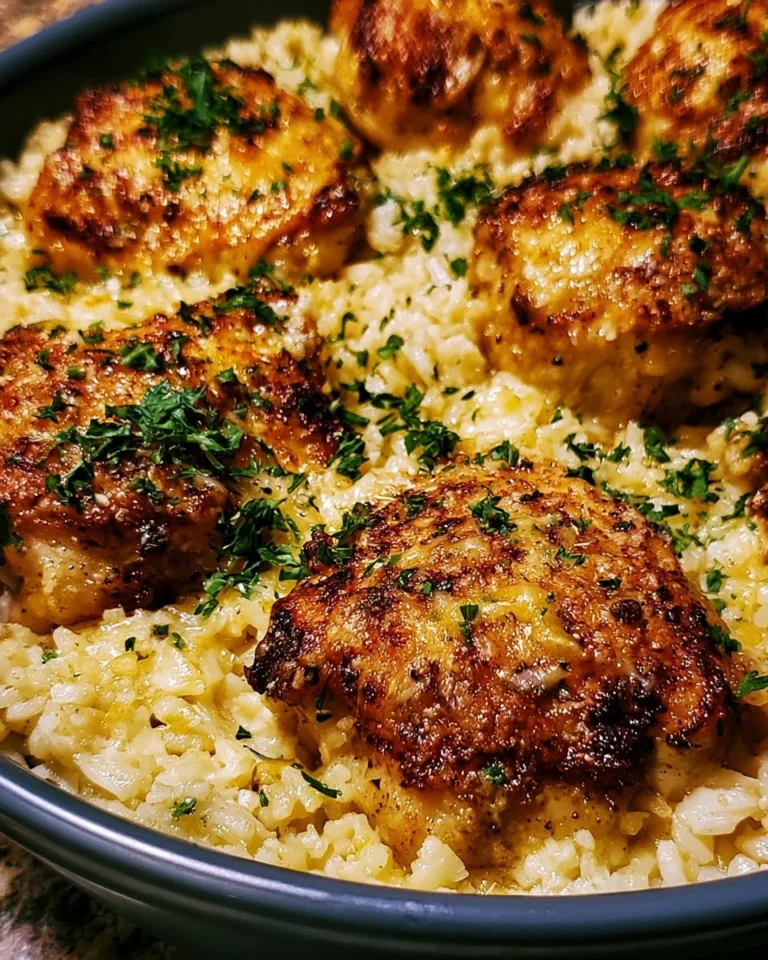 One-pot garlic parmesan chicken served with rice in a creamy sauce