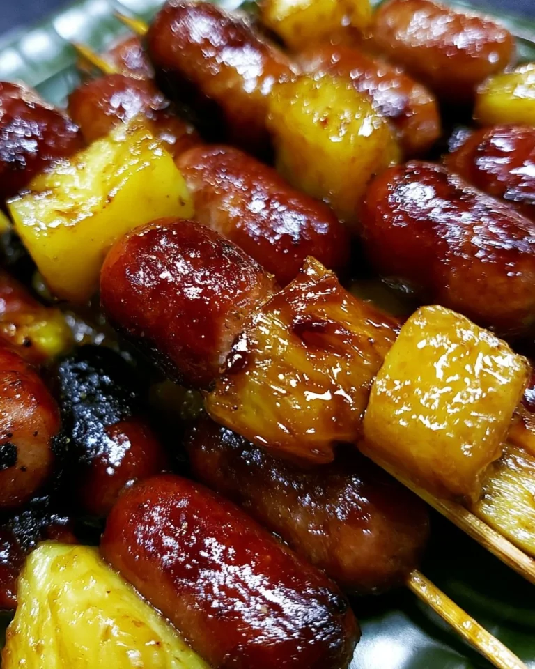 Pineapple Brown Sugar Smokies skewers served on a platter