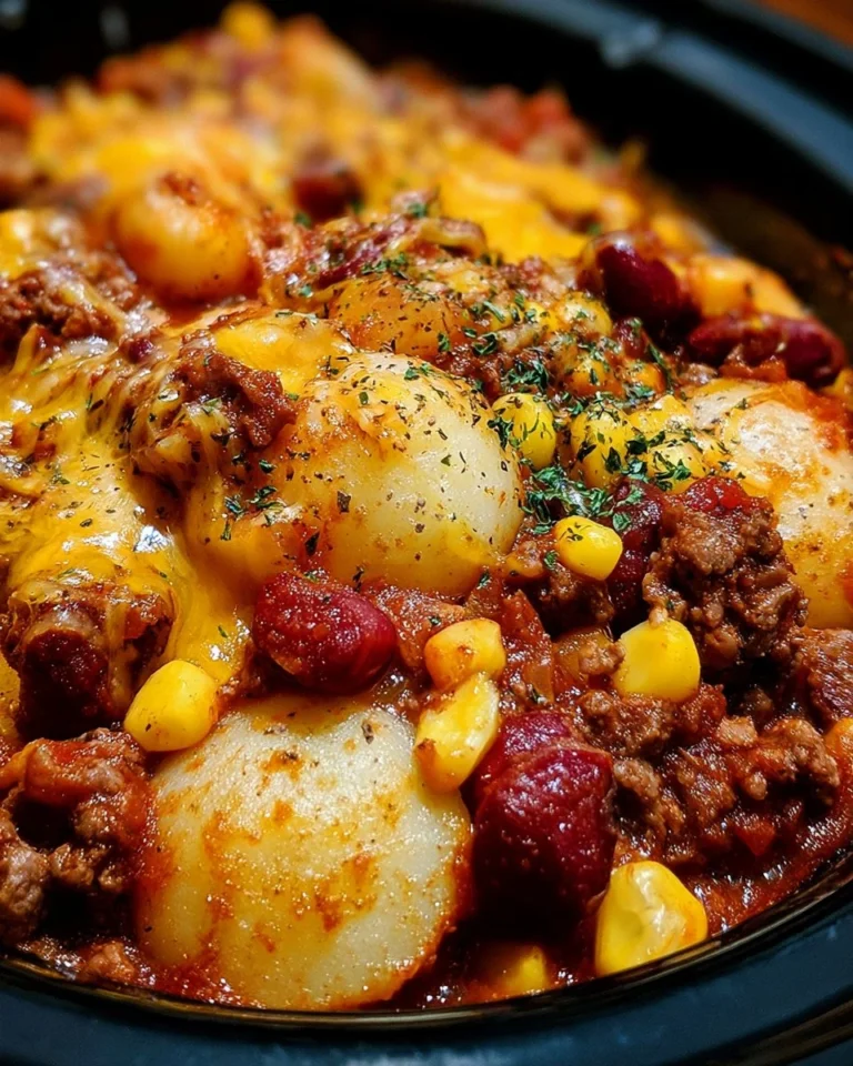 Delicious slow cooker cowboy casserole topped with cheese and spices