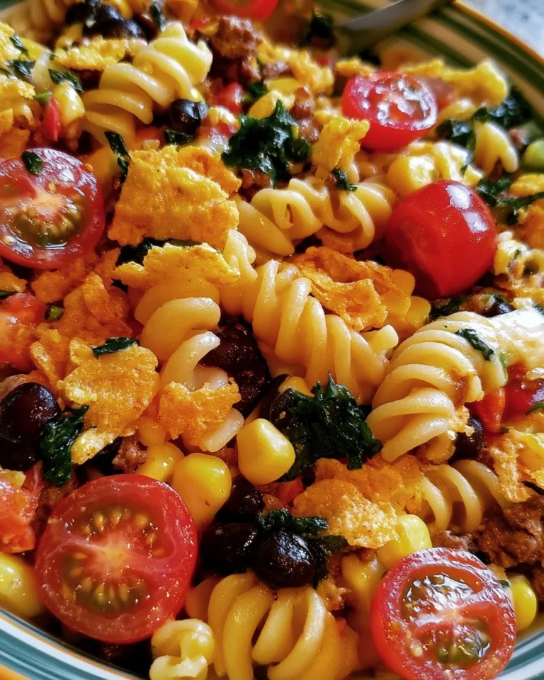 Delicious Taco Pasta Salad with colorful ingredients and toppings in a bowl.