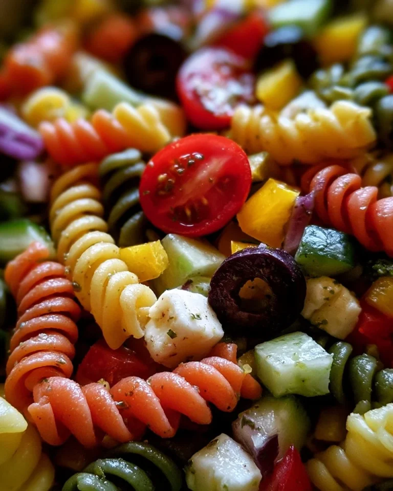 Colorful tri-color pasta salad with vegetables and dressing